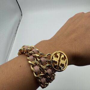 Tory Burch Gold and Pink Chain Bracelet